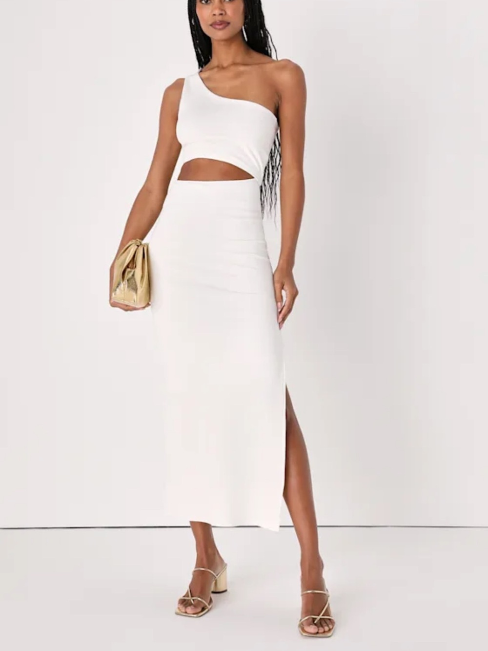 One-Shoulder White Cutout Midi Dress